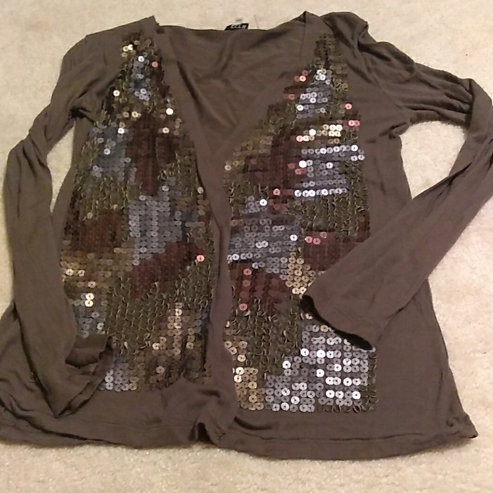 ecru brand sequin and faux leather embellished cardigan